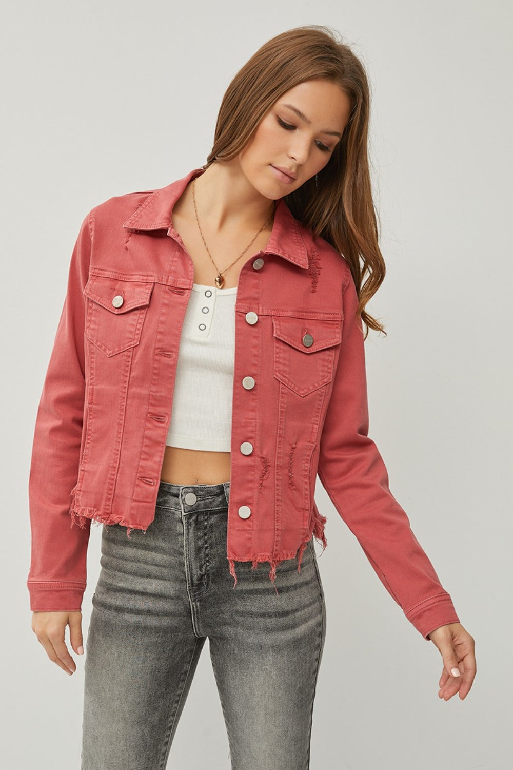 Brick Raw Hem Button Up Cropped Denim Jacket