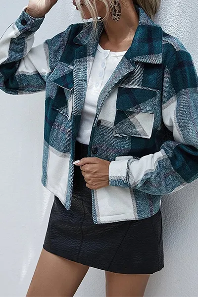 Casual Plaid Split Joint Buckle Turndown Collar Outerwear