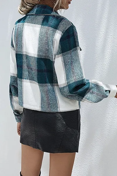 Casual Plaid Split Joint Buckle Turndown Collar Outerwear