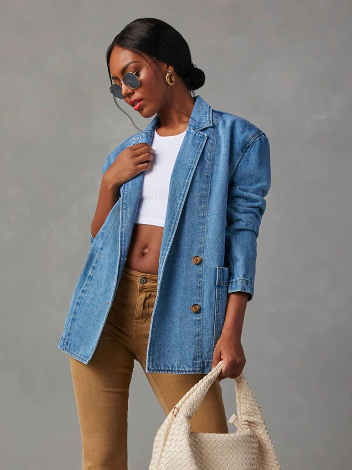 Collared Neck Long Sleeve Denim Jacket