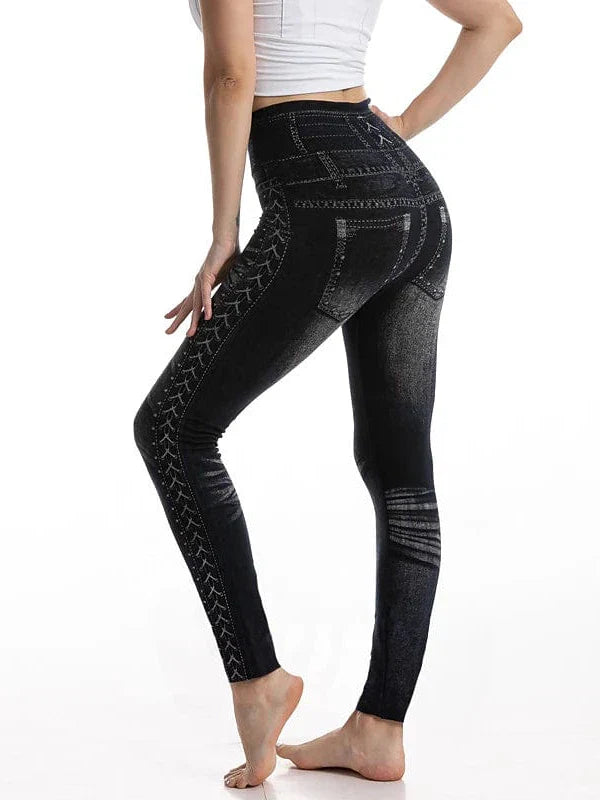 Faux Denim Stretchy High Waist Tights Pants for Women