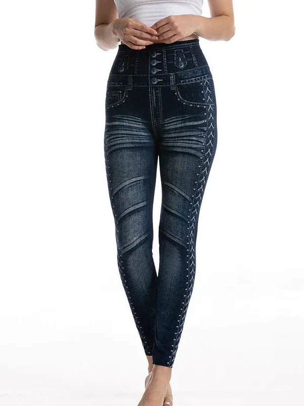 Faux Denim Stretchy High Waist Tights Pants for Women