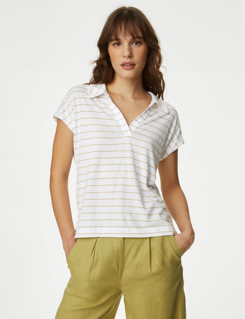 Linen Blend Striped Collared Top