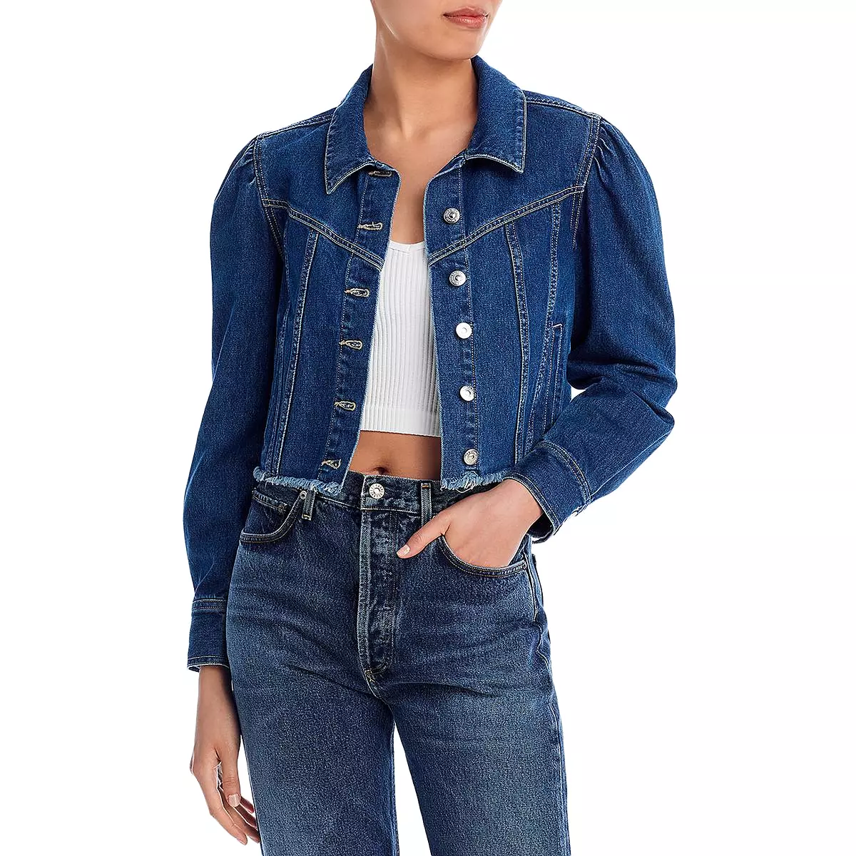 Veronica Beard Womens Sweeney Raw Hem Cropped Denim Jacket