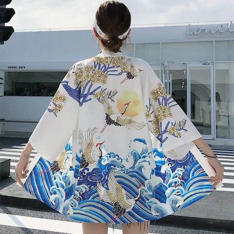 Vintage Crane Blossom Print Cardigan Kimono Outerwear