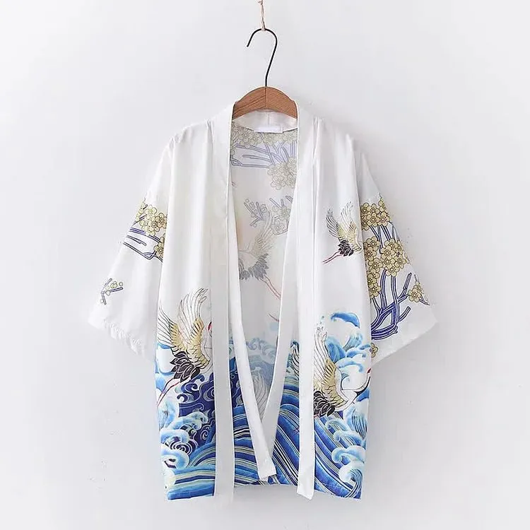 Vintage Crane Blossom Print Cardigan Kimono Outerwear