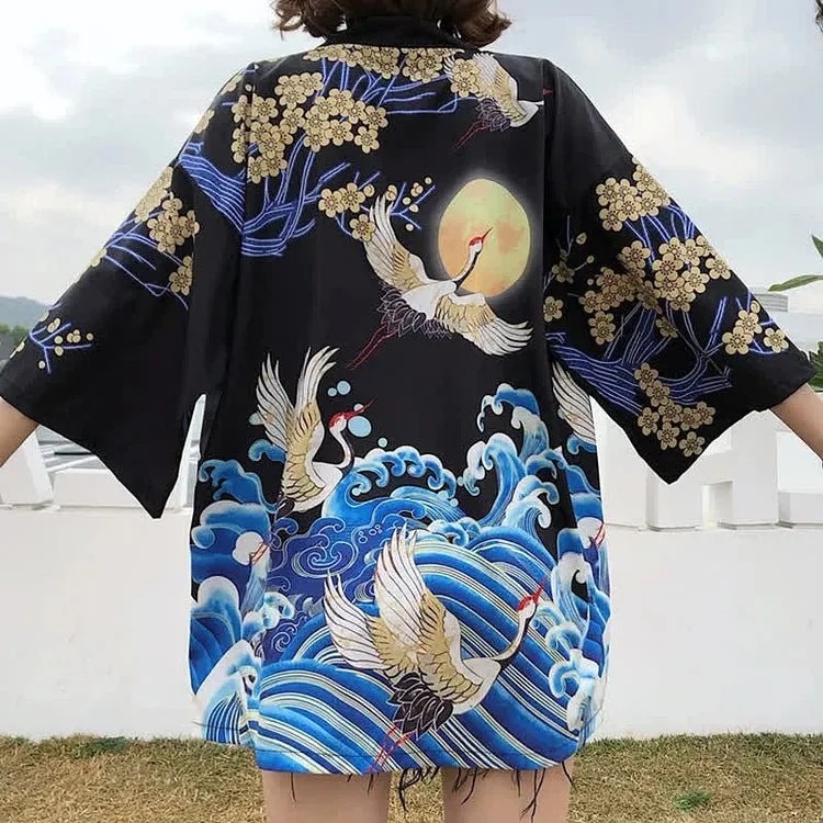 Vintage Crane Blossom Print Cardigan Kimono Outerwear